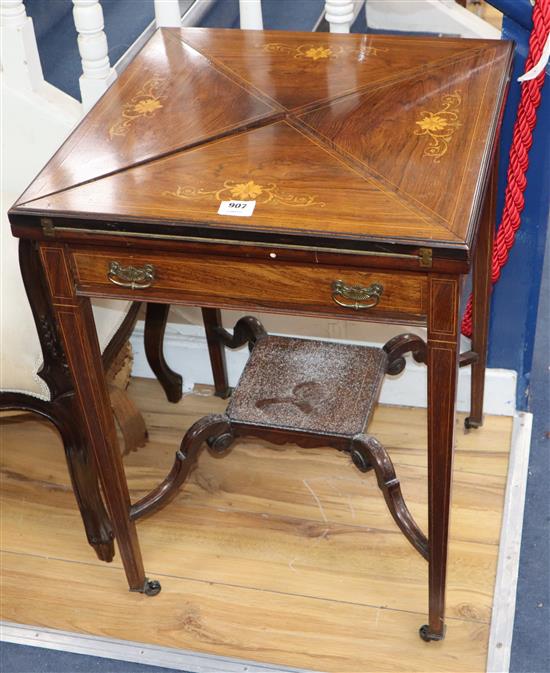 An Edwardian inlaid rosewood envelope card table W.55cm